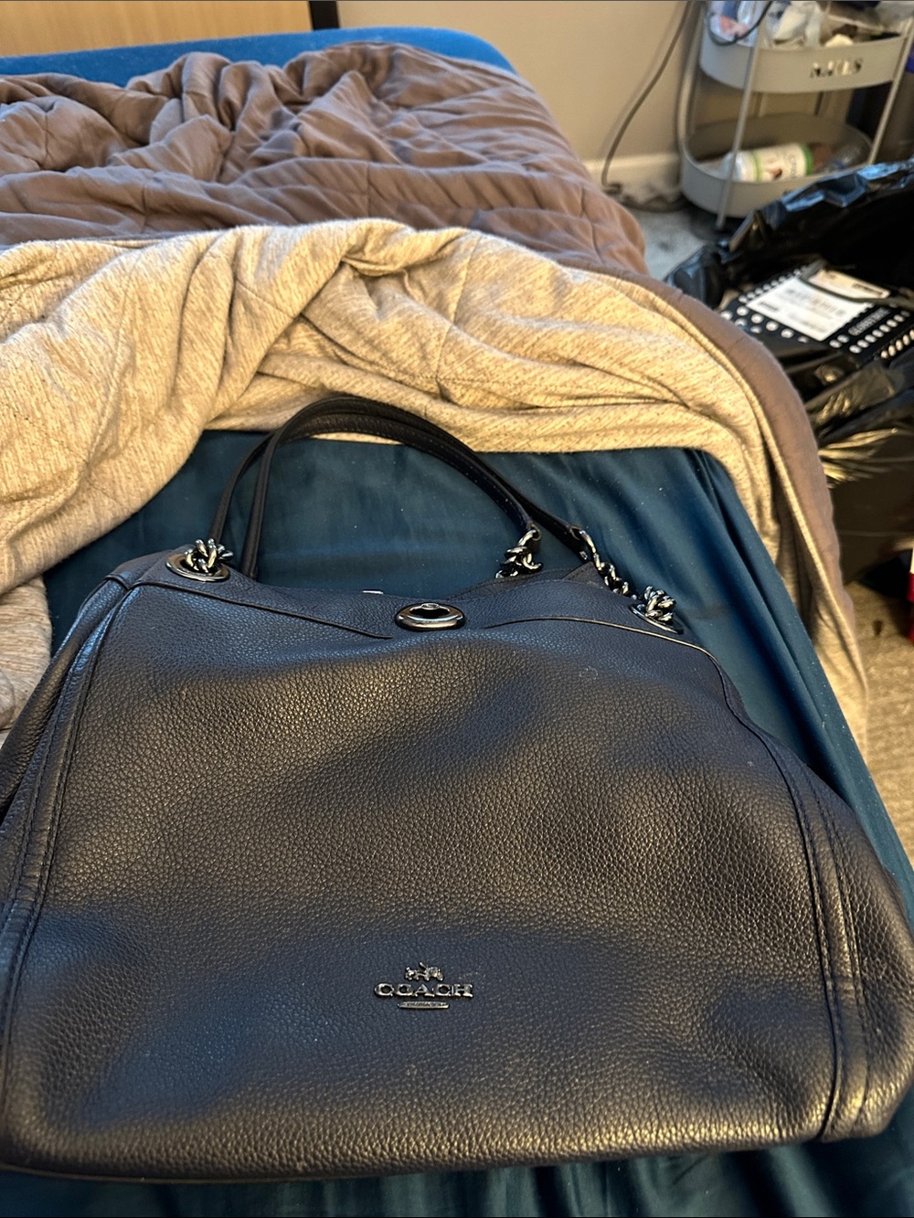 Coach Navy Pebbled Leather Shoulder Bag with Chain-Detail Straps and Top Handles